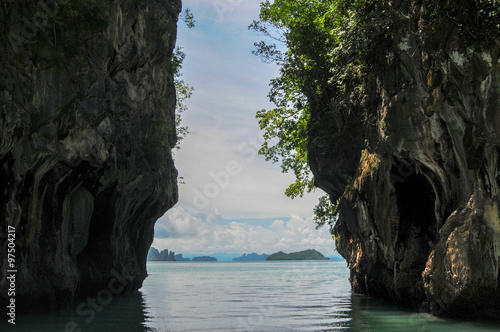 View Through a Narrow Passage Between the Karst Cliffs. Islands at Phang Nga Bay near Krabi and Phuket. Thailand.