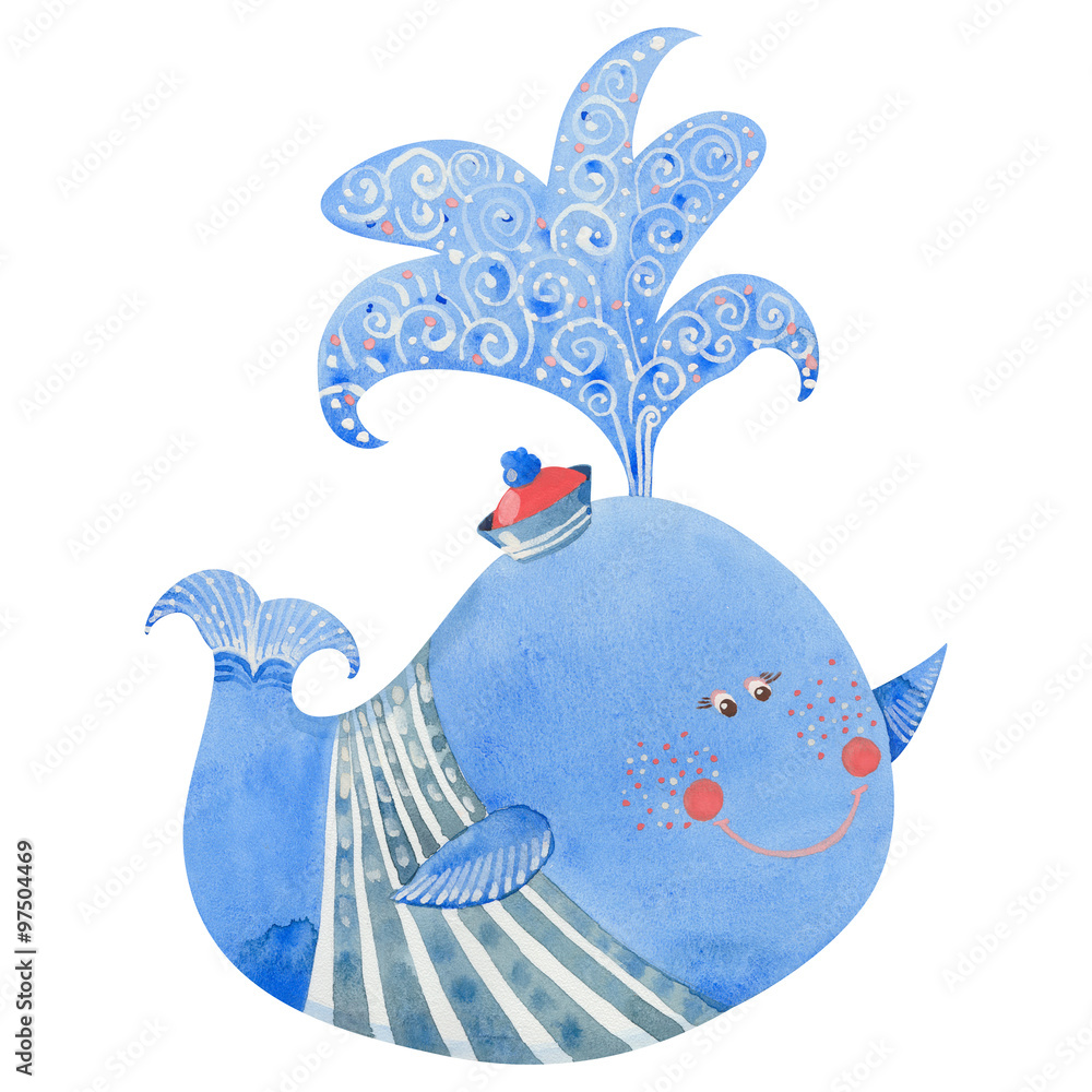 Fototapeta premium watercolor illustration of blue whale, on white background