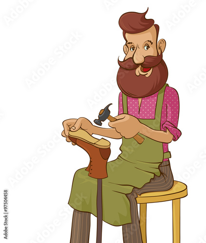 Illustration of a bearded smiling shoemaker mending a shoe