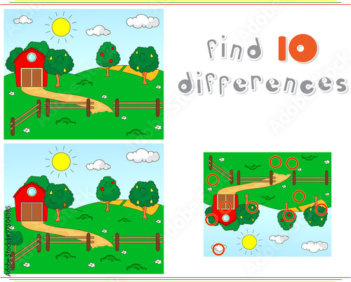 Rural landscape with barn, corrals, fruit-trees and fields. Educ