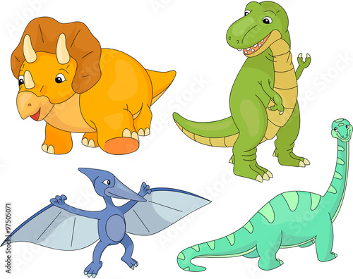 Fototapeta Naklejka Na Ścianę i Meble -  Set of diplodocus, tyrannosaur, pterodactyl and triceratops
