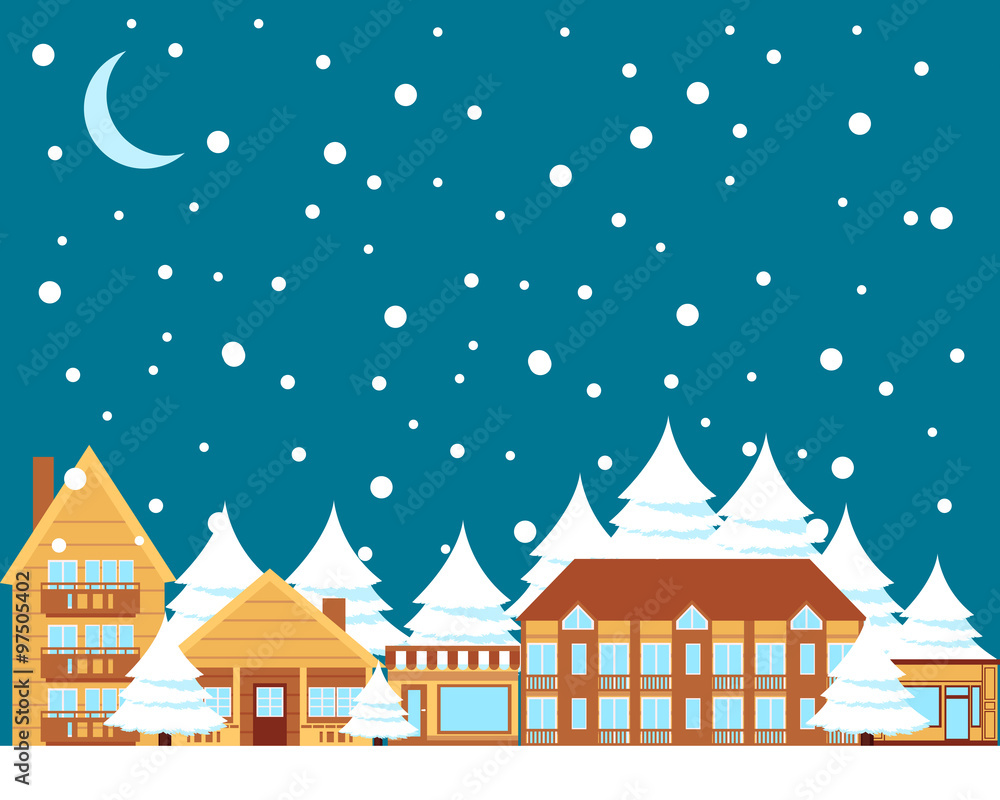 Winter town. Wooden houses and trees at night. Vector illustration
