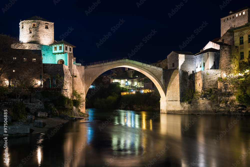 The Old Bridge in Mostar at night, Bosnia and Herzegovina
