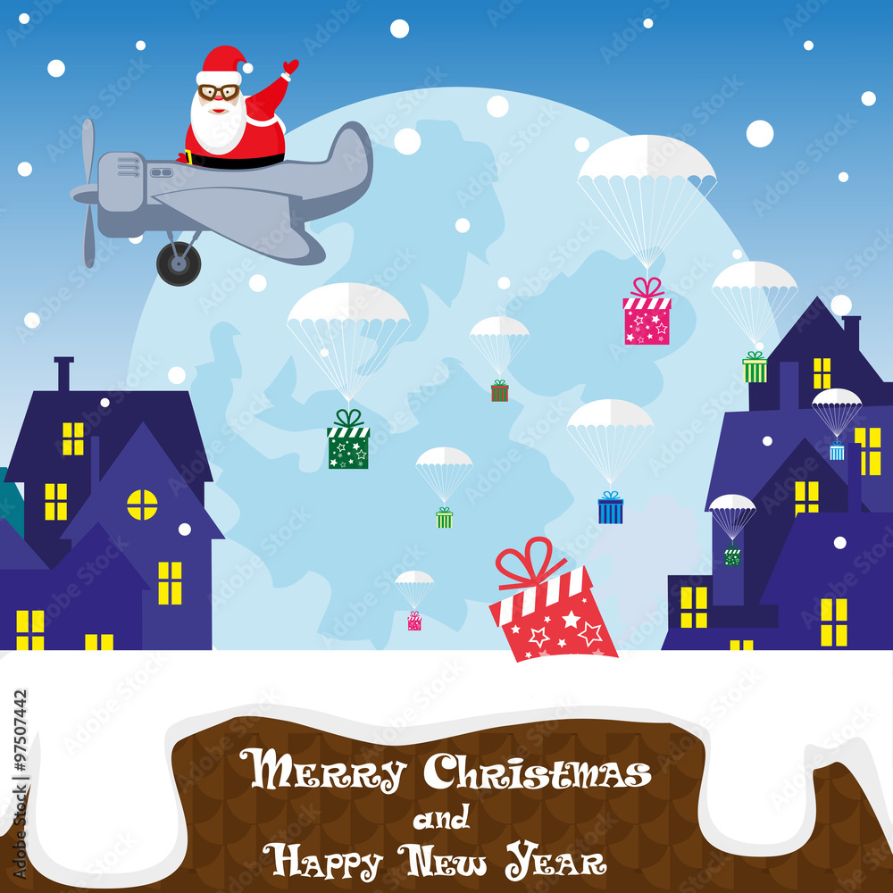 Vector. Christmas banner Santa Claus on airplane and gift box on parachute against a background of silhouettes of city roofs and moon