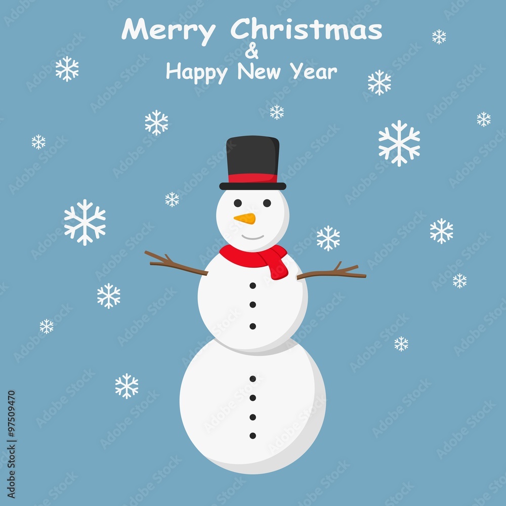 Fototapeta Snowman with top hat and Snowflakes on blue background