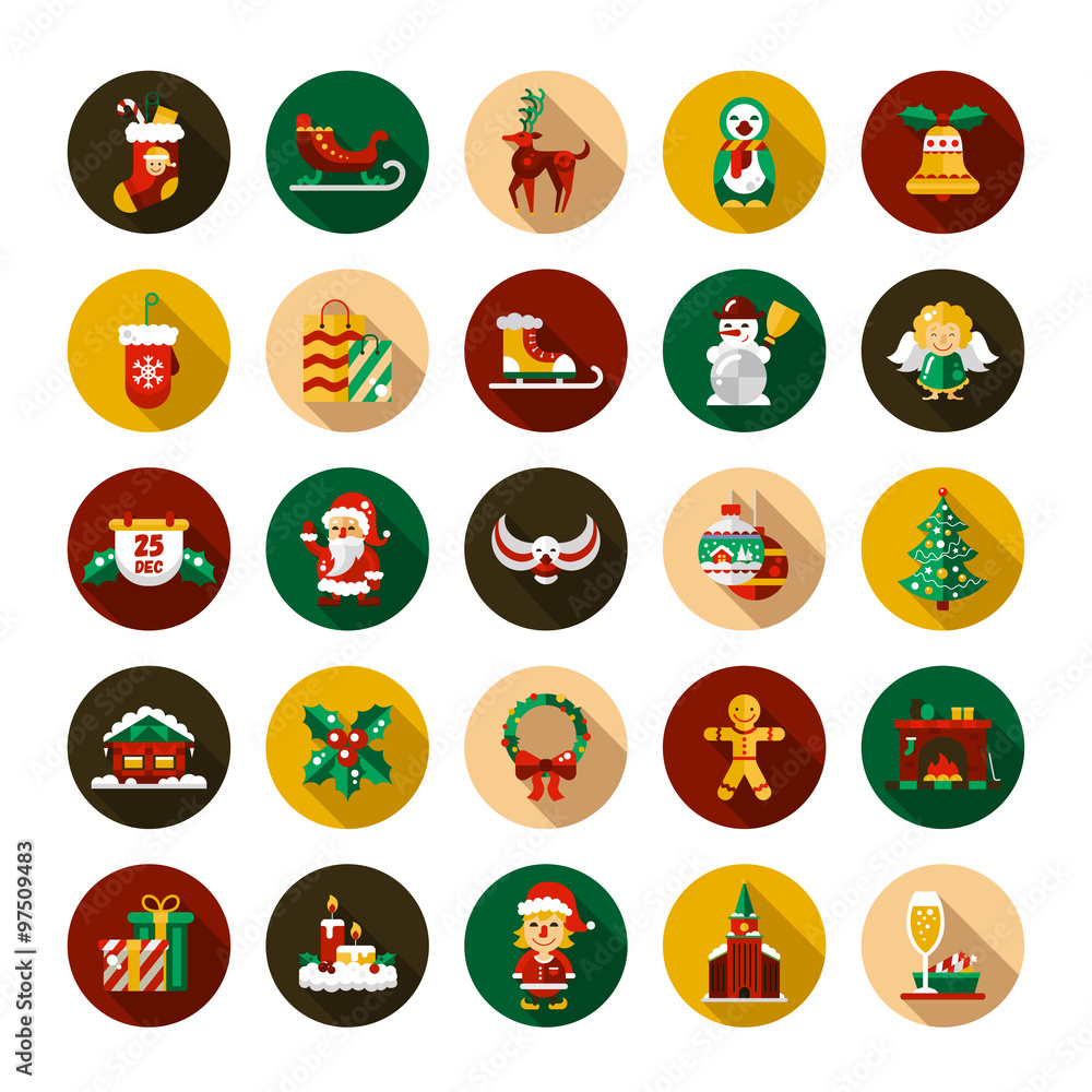 Set of Christmas and Happy New Year flat design icons