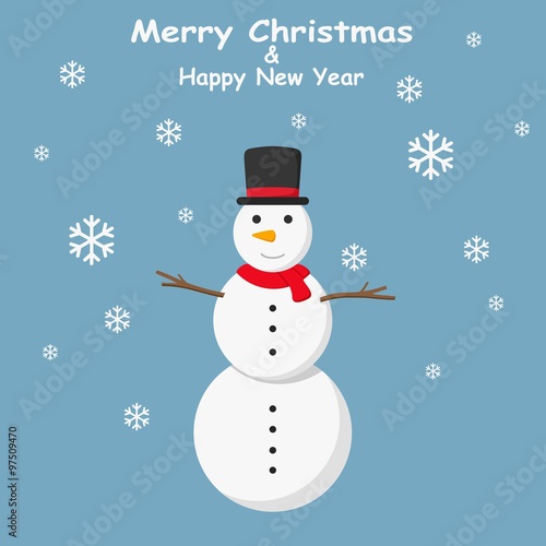  Snowman with top hat and Snowflakes on blue background