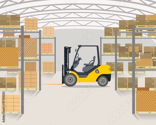 The loader is in a large light between warehouse rack storages with merchandise. Vector illustration