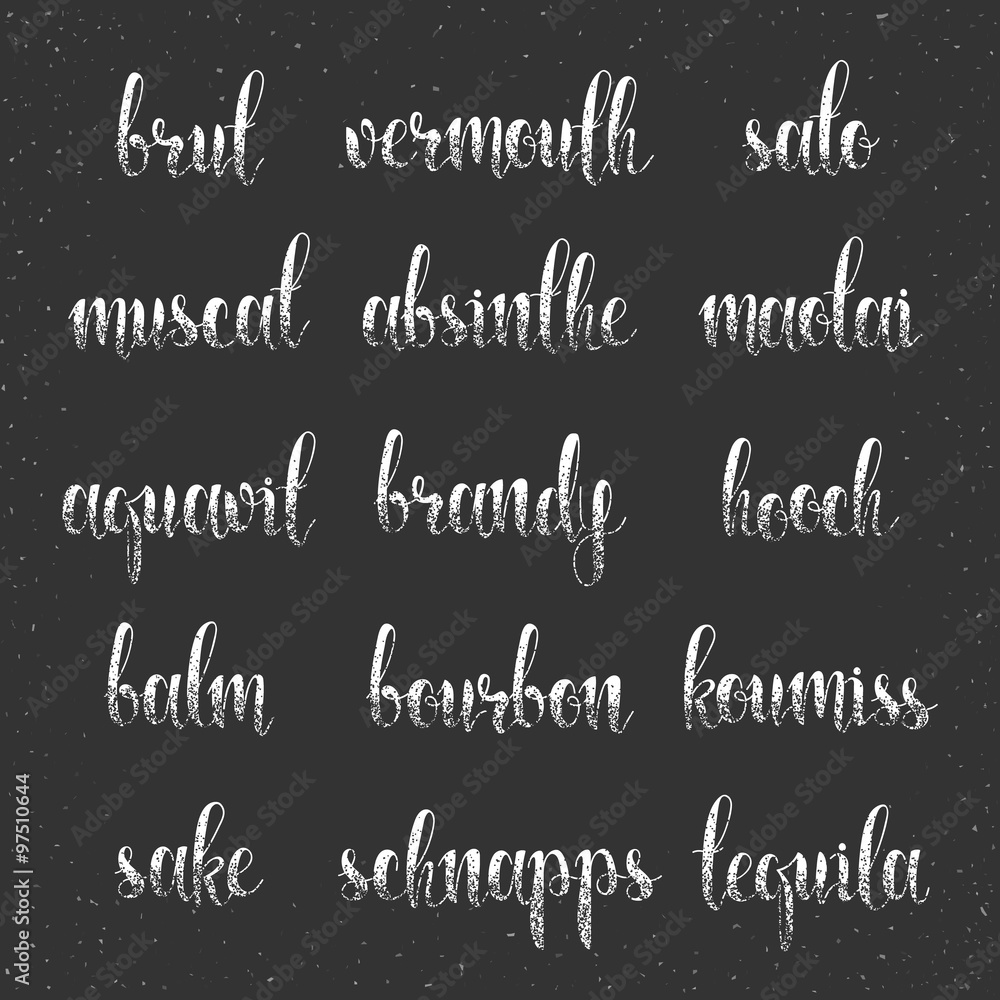 Obraz premium Set names of species alcohol in calligraphy handmade design menu.