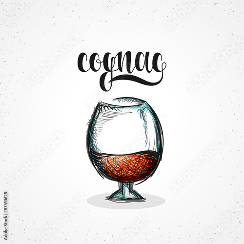 Color cognac in glass with calligraphy. Sketch by hand
