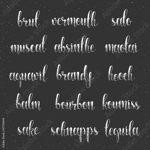 Set names of species alcohol in calligraphy handmade design menu.