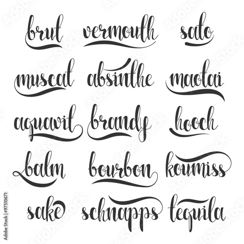 Set names of species alcohol in calligraphy handmade design menu.