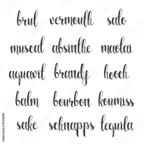 Set names of species alcohol in calligraphy handmade design menu.