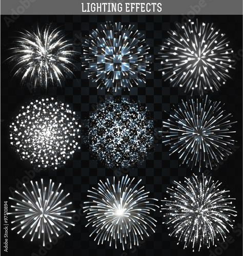 Set 9 realistic fireworks different shapes. White festive, bright firework 