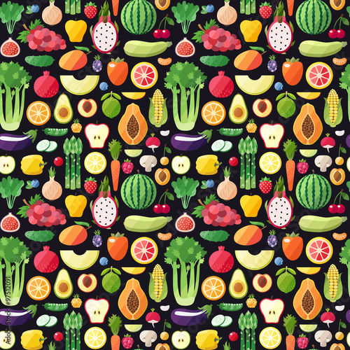 Big fruits and vegetables seamless vector pattern. Modern flat design. Healthy food wrapping paper.