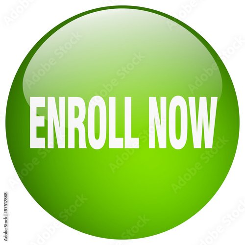 enroll now green round gel isolated push button