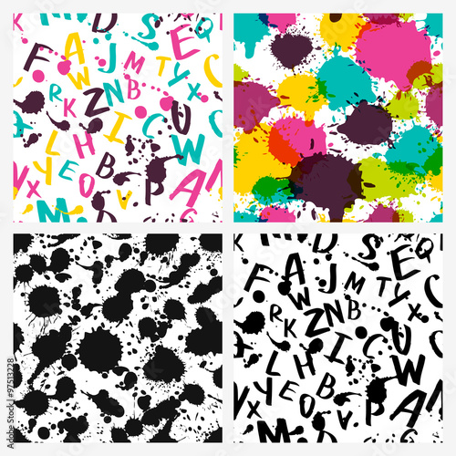 Watercolor latin alphabet, splashes and stains.