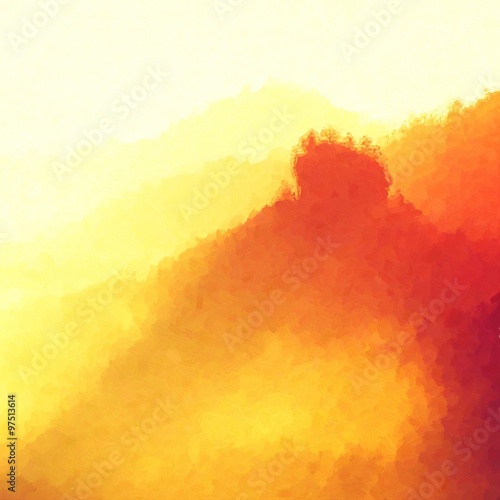 Watercolor paint. Paint effect. Misty landscape, heavy fog between hills and orange sky within early sunrise