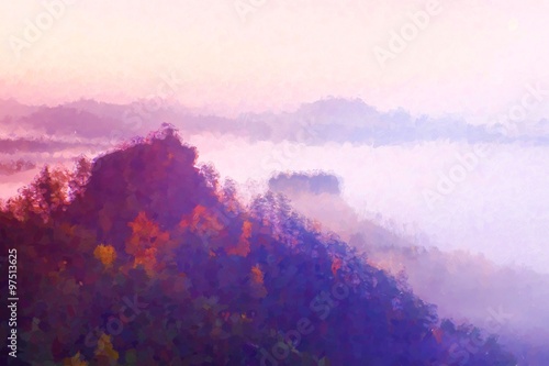 Watercolor paint. Paint effect. Cold misty daybreak in a fall valley. Hill with hut on hill in magical darkness.