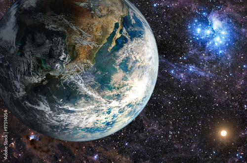 Fototapeta Naklejka Na Ścianę i Meble -  Planet in the background galaxies and luminous stars. Elements of this image furnished by NASA