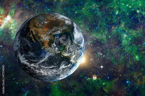 Fototapeta Naklejka Na Ścianę i Meble -  Planet in the background galaxies and luminous stars. Elements of this image furnished by NASA