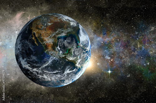 Fototapeta Naklejka Na Ścianę i Meble -  Planet in the background galaxies and luminous stars. Elements of this image furnished by NASA