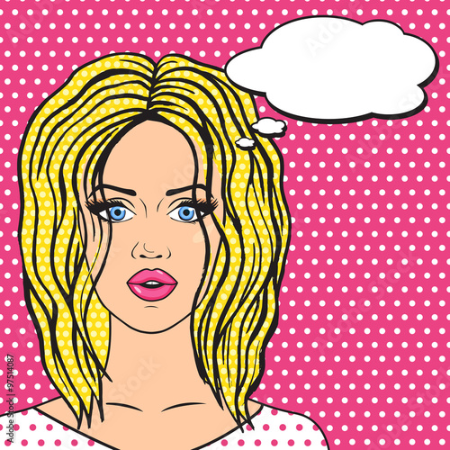 Pop art sleepy blonde woman with messy hair and think bubble for your message  cute woman in pajamas in comics style