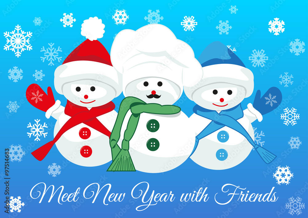 Cute snowmen friends wearing scarfs and mittens greet new year holding together. Design concept of friendship, new year and joy of seeing dear people. Vector isolated on gradient blue background.
