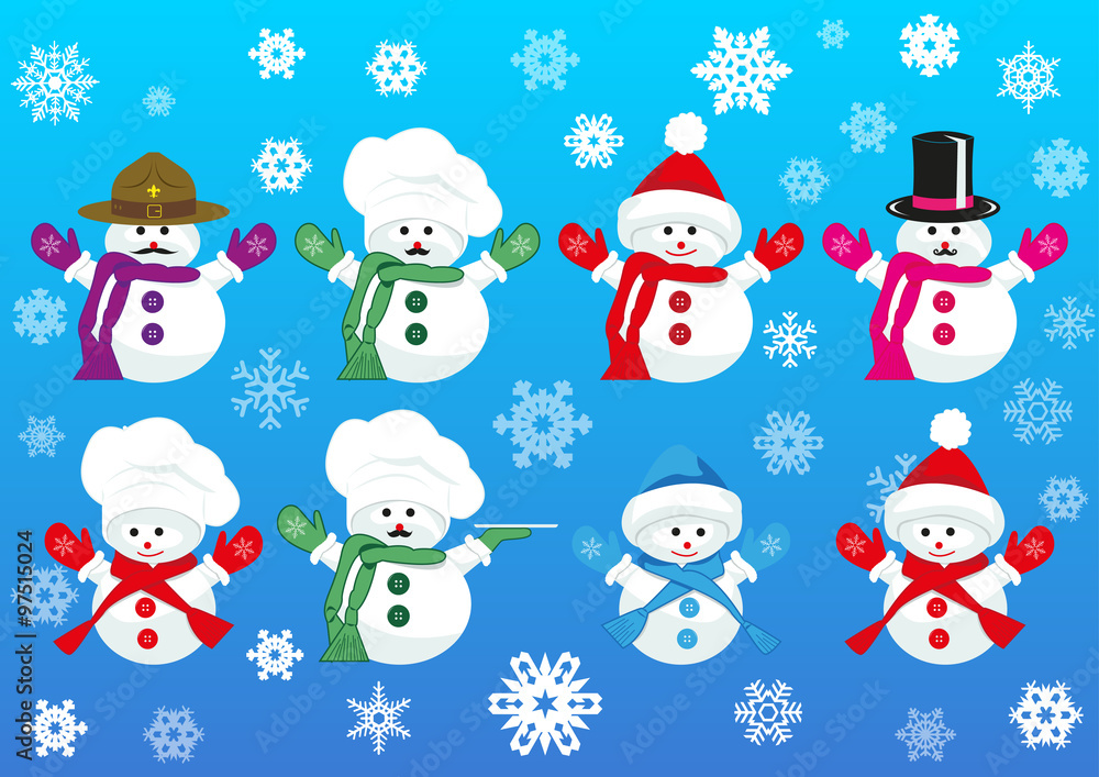 Set of cute snowmen wearing different hats and scarfs. Vector isolated on gradient blue background with snowflakes. Collection for page and web decor or other design.