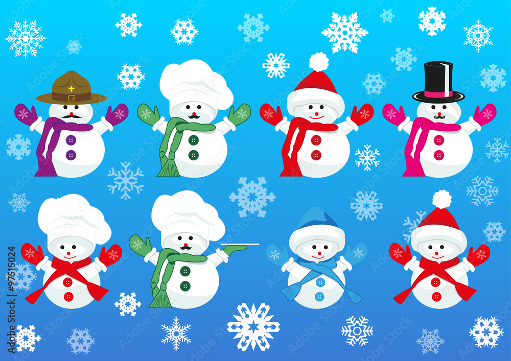 Set of cute snowmen wearing different hats and scarfs. Vector isolated on gradient blue background with snowflakes. Collection for page and web decor or other design. Set of cute snowmen wearing different hats and scarfs. Vector isolated on gradient blue background with snowflakes. Collection for page and web decor or other design.