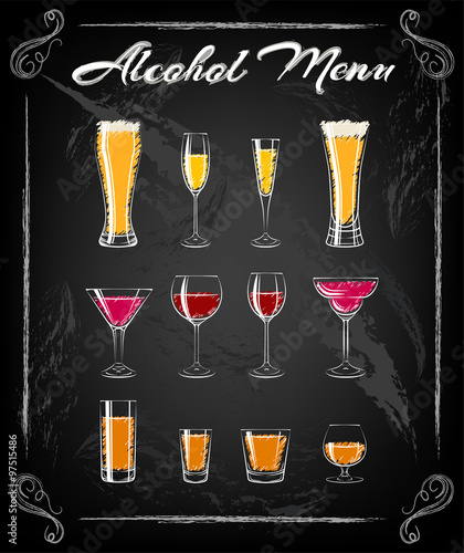 Various glasses on the chalkbord bachground. Glasses for cocktails, wine, vodka, beer and water. Vector Illustration