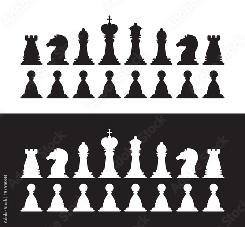 Isolated black and white chess silhouettes. Collection of the king, queen, bishop, knight, rook, pawn