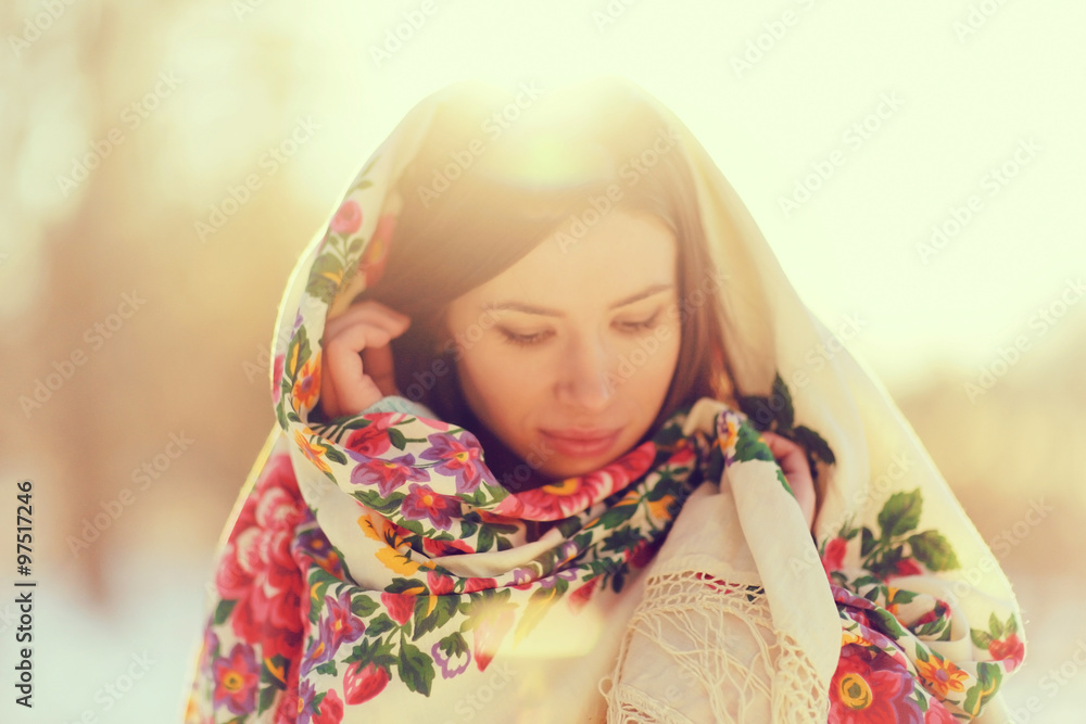 beautiful model in a traditional Russian scarf winter beautiful model in a traditional Russian scarf winter