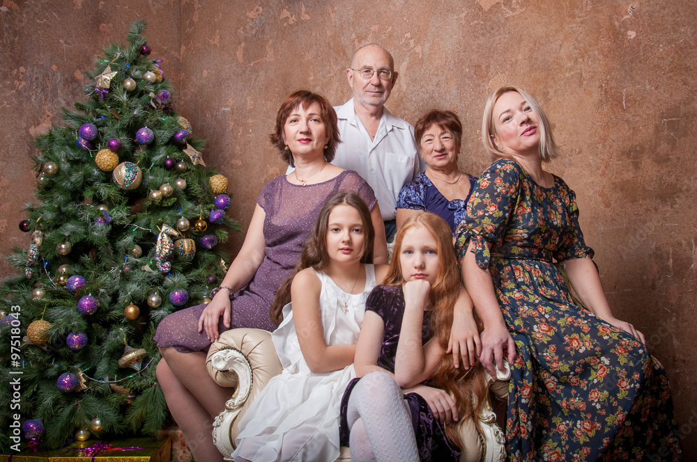 Большая семья с бабушкой, дедушкой, мамами и девочками сидят около новогодней елки