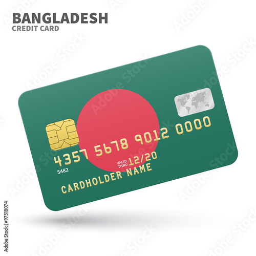 Credit card with Bangladesh flag background for bank, presentations and business. Isolated on white