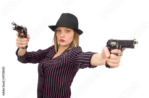 Gangster woman with gun isolated on white