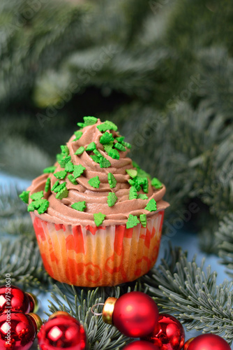 cupcakes on a fir with Christmas balls