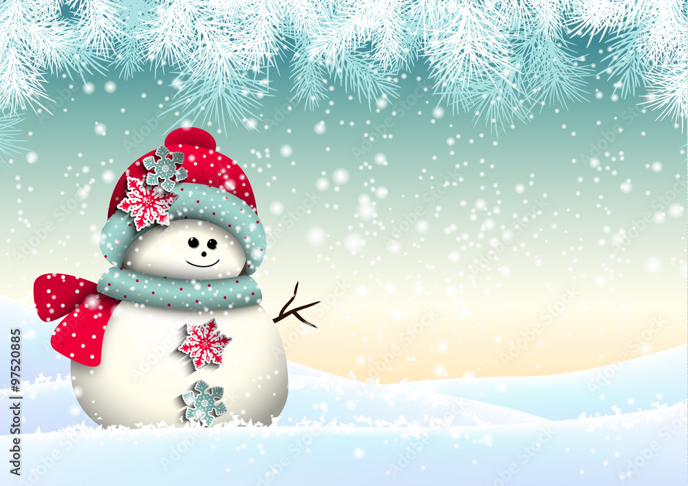 Cute snowman with in winter landscape, illustration Cute snowman with in winter landscape, illustration
