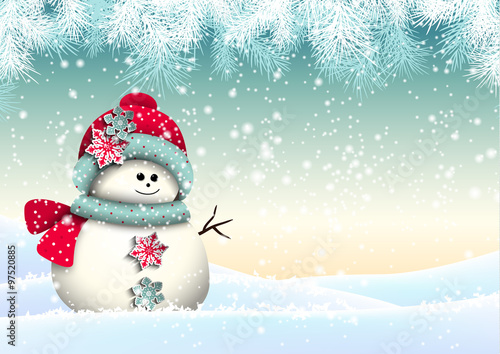 Cute snowman with in winter landscape, illustration