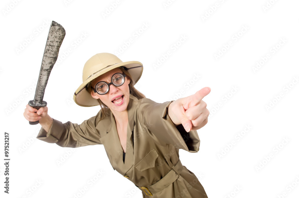 Woman wearing safari hat on white Woman wearing safari hat on white