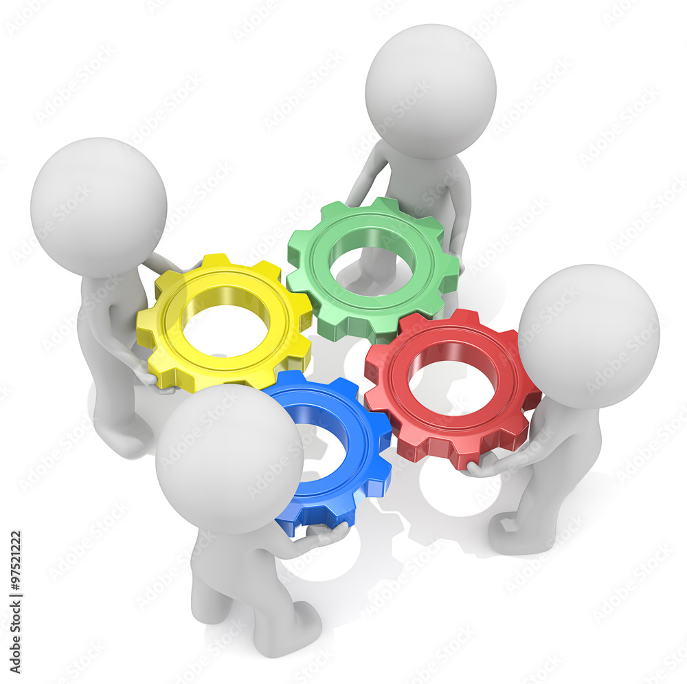 Teamwork. Dude 3D characters X4 holding Cogwheels. Red, Green, Blue and Yellow.Top view. Teamwork. Dude 3D characters X4 holding Cogwheels. Red, Green, Blue and Yellow.Top view.