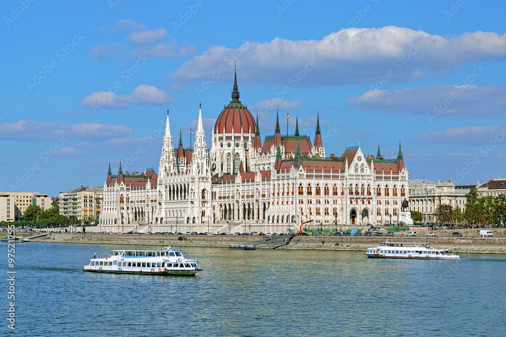 Hungarian Parliament Building and two sightseeing ships on the Danube in Budapest, Hungary