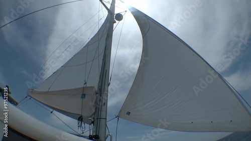 Sail of yacht against cloudy sky.
