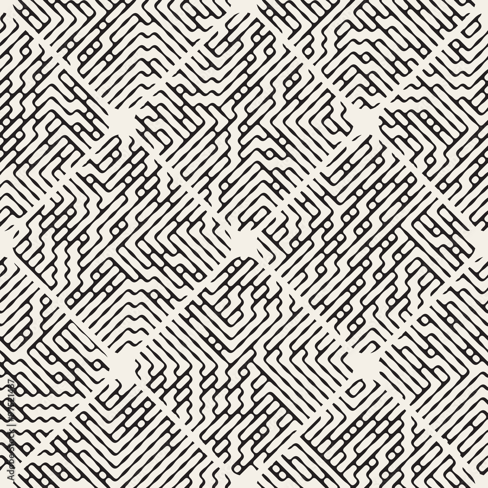 Vector Seamless Black and White Rounded Rhombus Pavement Filled With Maze Lines Pattern Vector Seamless Black and White Rounded Rhombus Pavement Filled With Maze Lines Pattern