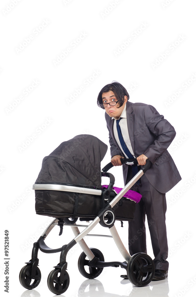 Funny dad with baby and pram on white Funny dad with baby and pram on white