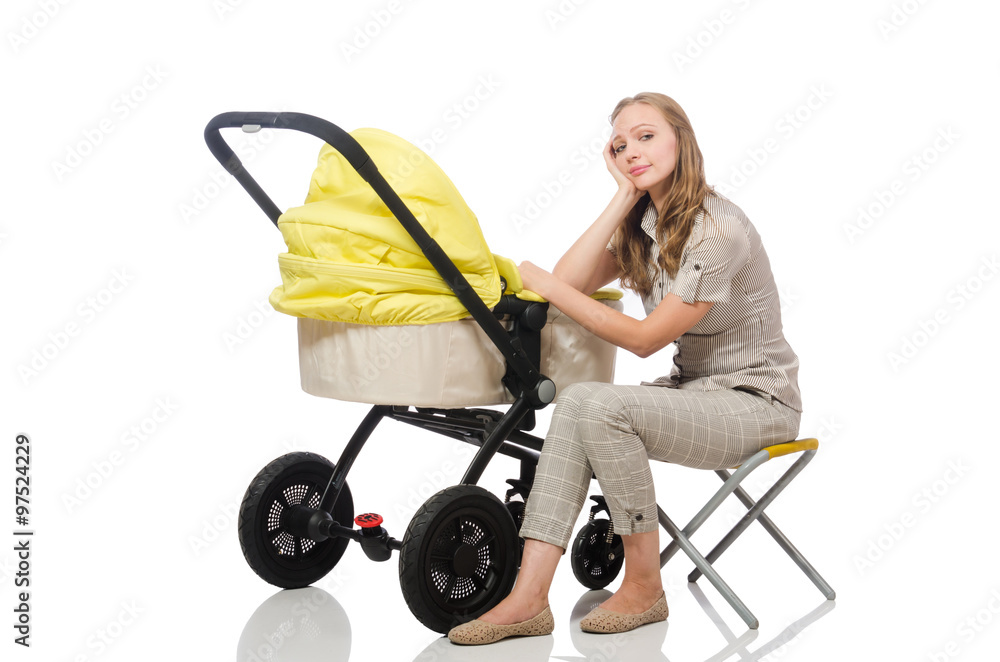Woman with pram isolated on white Woman with pram isolated on white