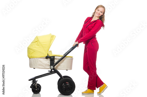 Woman with pram isolated on white