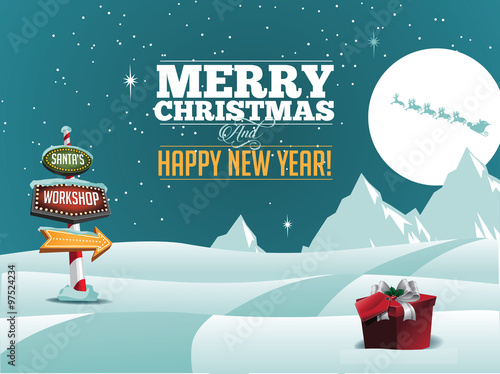 
North Pole Santa's Workshop sign greeting card design.