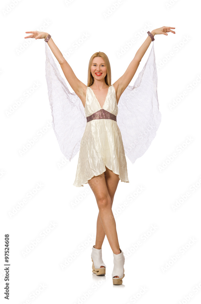 Naklejka premium Woman wearing white dress isolated on white