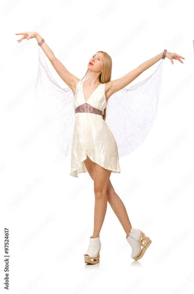 Woman wearing white dress isolated on white Woman wearing white dress isolated on white